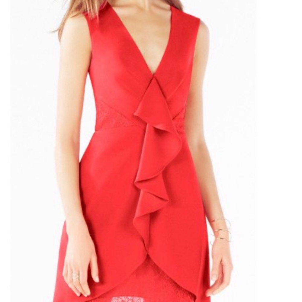 BCBGMAXAZRIA Red Ruffle Lace Midi Cocktail Dress Size 8